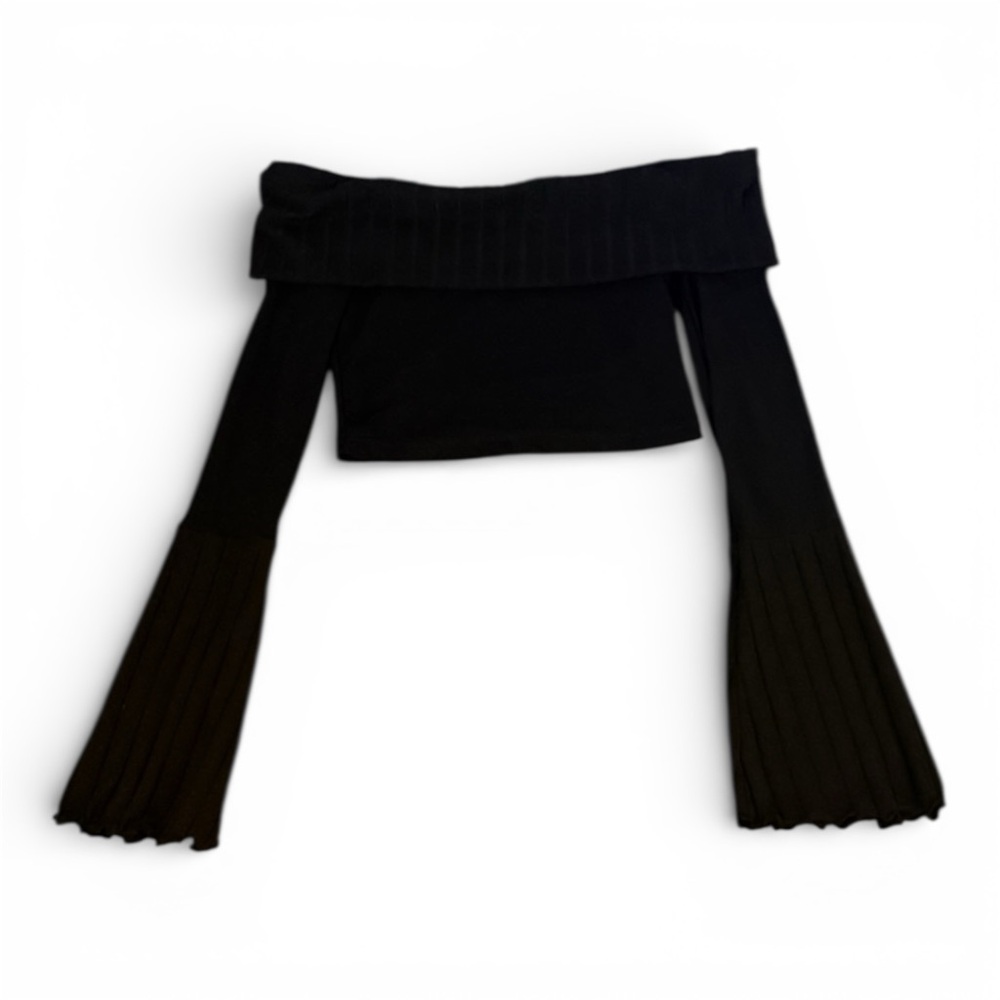 SHEIN Black Ribbed Off Shoulder Crop Top Sheer Bell Sleeve Long Sleeve Medium